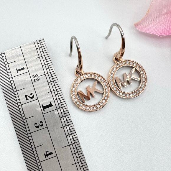 Michael Kors Rose Gold Tone Pavé Crystal MK Logo Dangle Earrings Designer Modern - Picture 11 of 14
